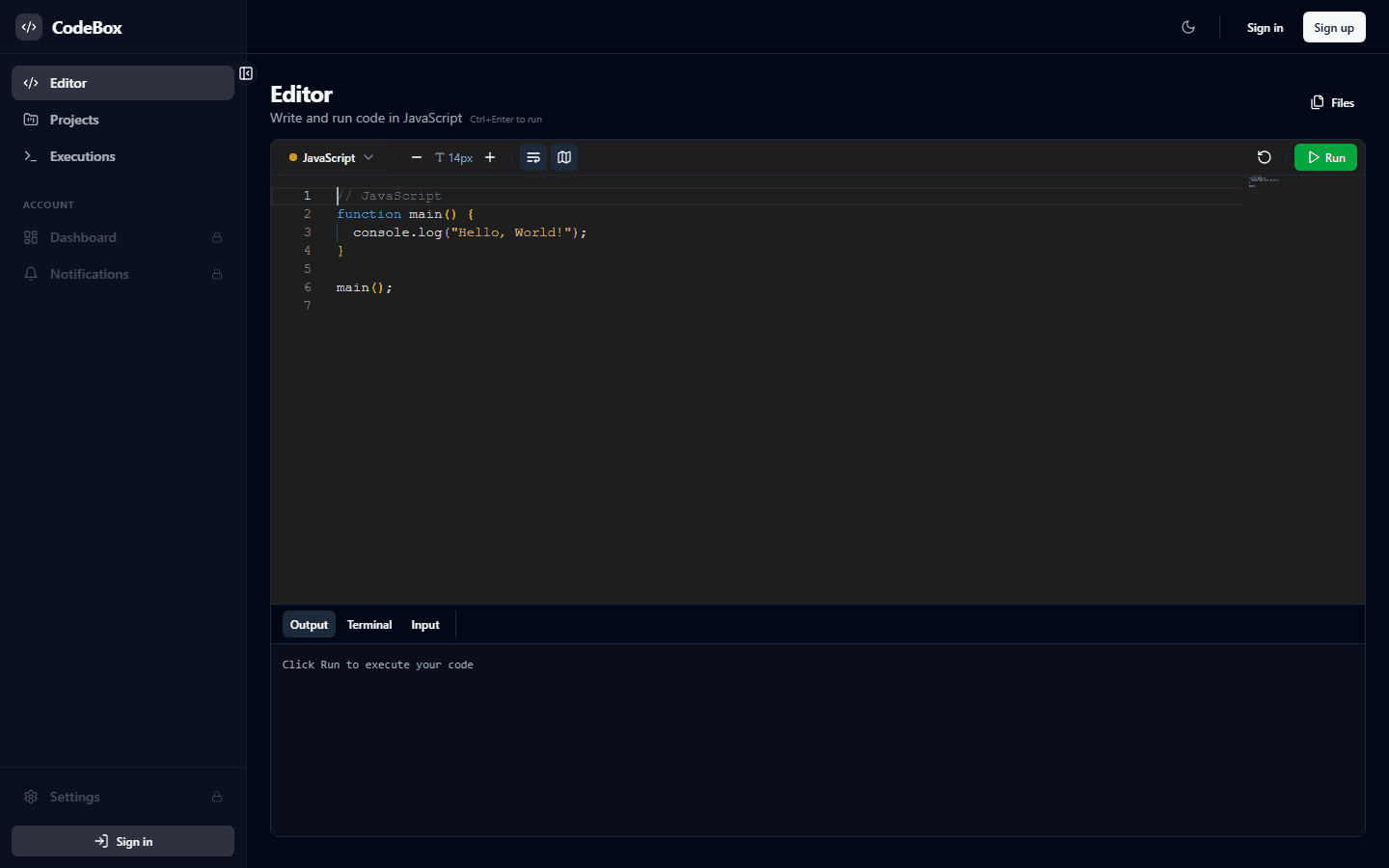 CodeBox editor with a JavaScript file open, run button and output panel